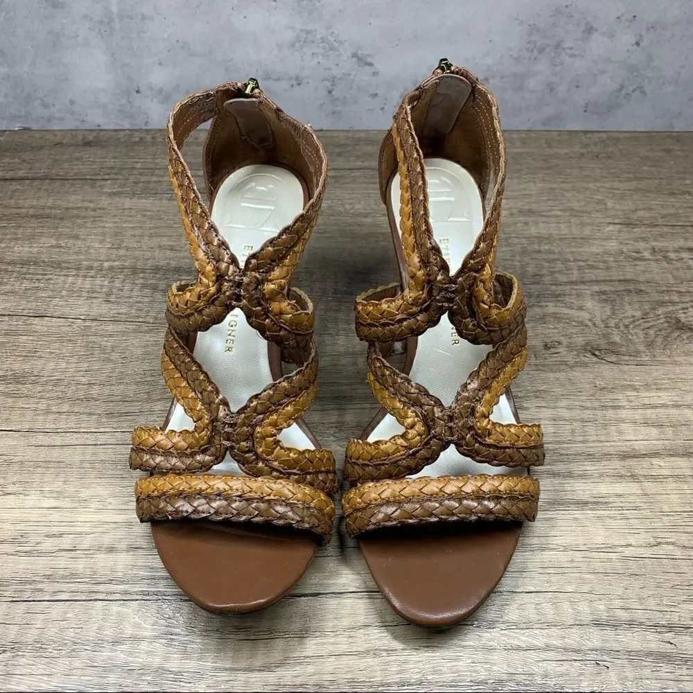 ETIENNE AIGNER E-Peanut Wedge Zip Up Strappy Sandals Shoes Brown Women's 7.5M‎